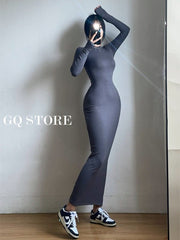 Long Sleeve Slim Maxi Dress Women Round Neck Elegant Casual Party Winter Fashion Dress