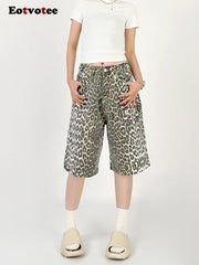 Denim Shorts Women Leopard Print High Waist Vintage Y2K Wide Leg Streetwear Casual Trouser