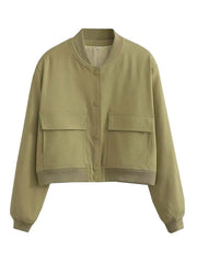 Bomber Jacket Women Pockets Short Casual Vintage Spring Fall Chic Outerwear Fashion Coat