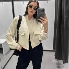 Bomber Jacket Women Button Baseball Aviator Cropped Long Sleeve Autumn Winter Casual Outerwear