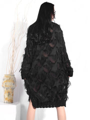 Long Sleeve Maxi Dress Women Stand-Up Collar Black Sheer Split Joint Plus Size Casual Fashion