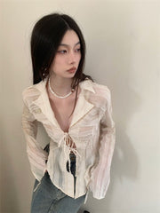 Fairycore Lace-Up Blouse Women Long Sleeve Turn-Down Collar Casual Elegant Fashion Top