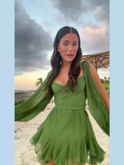 Mini Dress Women Pleated V-Neck Split Long Sleeve A-Line Casual Beach Holiday Summer Fashion Dress