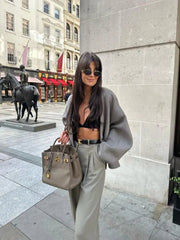 Jacket Women Chic Lantern Sleeve Single Breasted V-Neck Short Contemporary Office Streetwear Autumn Coat