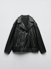 Faux Leather Biker Jacket Women Relaxed Fit Motorcycle Black Belt Casual Streetwear Outerwear Fashion