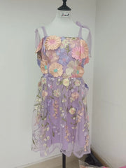 Maxi Dress Women 3D Flower Embroidered Tulle Lace Strap Elegant Formal Evening Prom Holiday Dress
