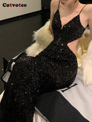 Sequined Backless Maxi Dress Women Floor Length Hollow Out Elegant Evening Party Fashion