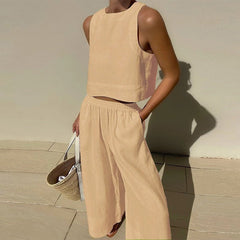 High Waist Tank Top & Pants Lounge Set Women 2-Piece Cotton Blend Sleeveless Casual Fashion