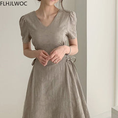 Cotton Linen A-Line Midi Dress Women Slim Waist Vintage Cute Casual Beach Vacation Summer Fashion