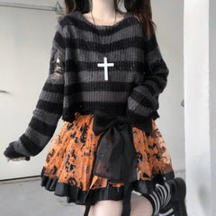 Gothic Punk Sweater Dress Women Striped Distressed Holes Aesthetic Casual Fashion Jumper