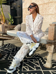 Lace Pant Suit Women 2-Piece Chic Lapel Double Breasted Long Sleeve Blazer Wide Leg Pants Hollow Out