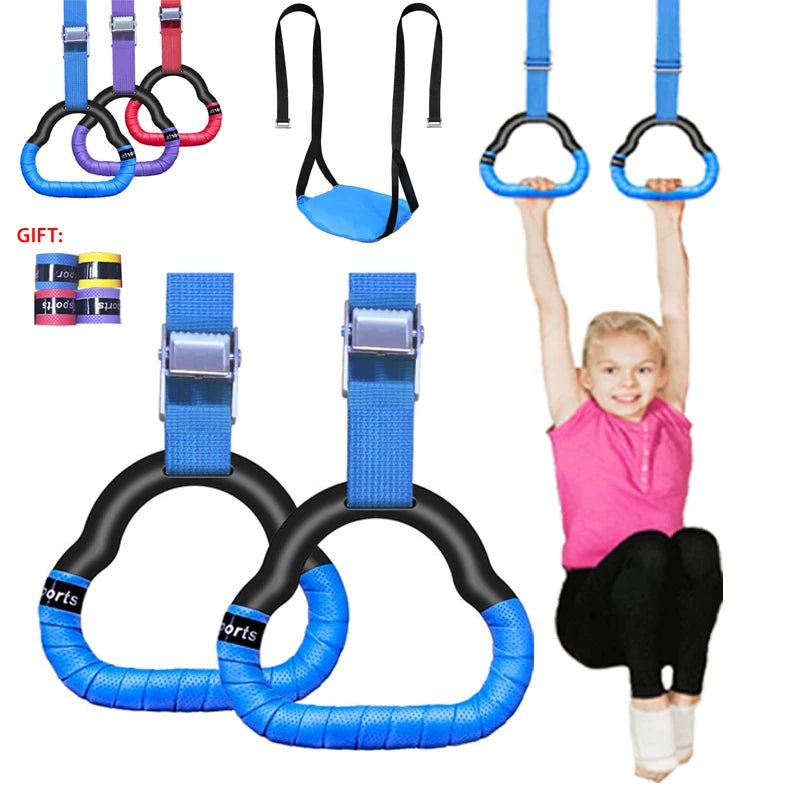 Gymnastic rings with blue handles and straps, featuring a child using them on a white background.