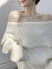 Off Shoulder Sweater Women White Red Khaki Knitted Long Sleeve Y2K Elegant Pullover Casual Fashion