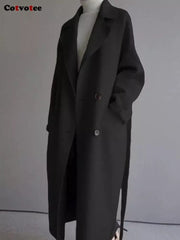 Wool Blend Coat Women Chic Button Urban Loose Solid Long Belted Elegant Winter Outerwear Fashion