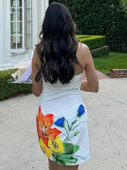 Mini Dress Women Floral Print Sleeveless Y2K Strapless Backless Slim Casual Beach Holiday Streetwear