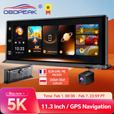 Touch Screen 5K Dash Cam 11.3 Inch GPS Navigation System with multiple display screens on a colorful background, featuring OBDPEAK brand.