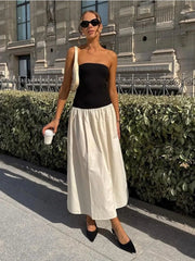 Maxi Dress Women Patchwork Strapless Contrast Color A-Line High Waist Sleeveless Long Party Dress