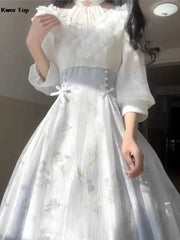 Midi Dress Women French Elegant Vintage Floral Print Slim A-Line Party Dress