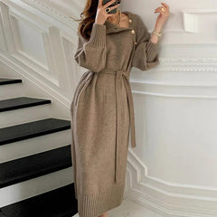 Turtleneck Knit Midi Dress Women Elegant Full Sleeve Button Decoration Warm Winter Fashion Dress