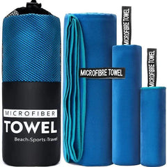 Set of blue microfiber towels with packaging on a white background