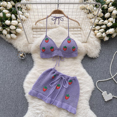 Halter Cami Set Women 2-Piece Backless Flower Hollow Out Short Skirt Beach Casual Fashion