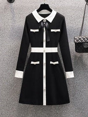 Knit Mini Dress Women Bow Tie Button Vintage Party Casual Elegant Fashion Sweater Dress