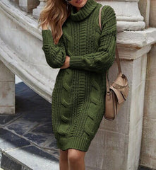 Turtleneck Long Sleeve Knit Sweater Dress Women Pullover Elegant Casual Winter Fashion Dress