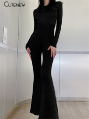 Backless Flare Leg Jumpsuit Women Bodycon Slim Long Sleeve O-Neck Casual Playsuit Fashion