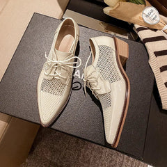 Oxford Shoes Women Mesh Net Lace-Up Genuine Leather Flat Derby Pointed Toe Low Heel Casual Shoes