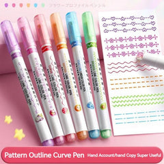 Set of colorful outline curve pens with sample lines on a pink background