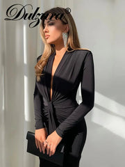 Long Sleeve Midi Dress Women Ruched Irregular Hem V-Neck Split Bodycon Elegant Party Fashion