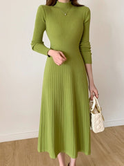 Long Sleeve Knitted Midi Dress Women Half High Collar Slim Elegant Party Fashion Dress