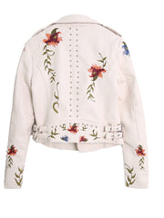 Women's Soft Faux Leather Jacket Floral Print Embroidery Jacket Retro Motorcycle Jacket