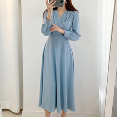 Puff Sleeve A-Line Maxi Dress Women Solid V-Neck Elegant Casual Party Fashion Dress