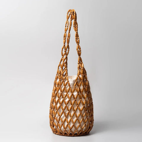 Woven Straw Bag Wooden Beads Shoulder Tote Beach Summer Bucket Handbag Boho Vacation Basket
