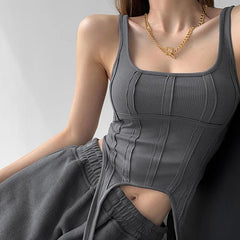Tank Top Women Fishbone Thread Square Neck Irregular Hook Bottom Sleeveless Boutique Fashion Casual Top