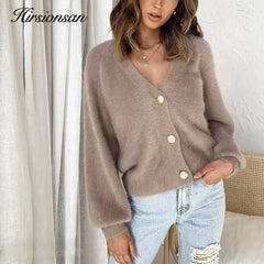 Elegant Long Sleeve Mohair Sweater for Women Single-Breasted Short Cardigan Soft Flexible Knit Outwear