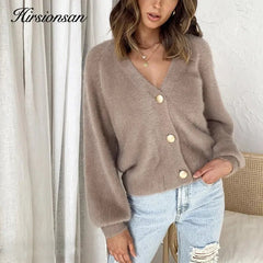 Mohair Cardigan Women Long Sleeve Single Breasted Short Soft Flexible Knit Elegant Winter Fashion