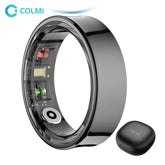 Smart ring with electronic components and a black case on a white background, featuring the COLMI brand.