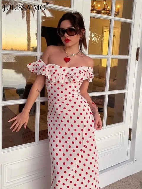 Maxi Dress Women Polka Dot Ruffle Bandage Off-Shoulder Slim Elegant Party Holiday Sundress Summer