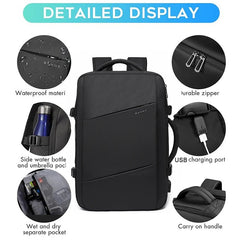 Black backpack with features highlighted on a white background