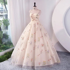 Pink Floral Embroidered Ball Gown Prom Dress Long Lace-Up Back Formal Wedding Guest Evening Gown