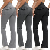 Three pairs of bell-bottom pants in gray, black, and white on a white background.