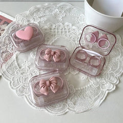 Contact Lens Case Pink Transparent Heart Bow Portable Beauty Storage Eye Care Container Girl Gift