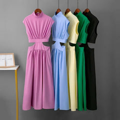 Maxi Dress Women Hollow Out V-Neck Waist Vintage A-Line Long Beach Party Summer Casual Dress