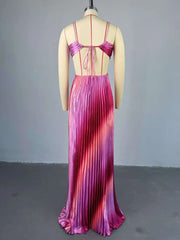 Elegant Ombre Pleated Satin Evening Gown – Backless Cutout Maxi Dress