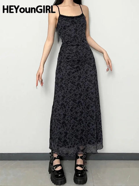 Maxi Dress Women Y2K Grunge Loose Fit Spaghetti Strap Retro Spring Summer Casual Fashion Dress