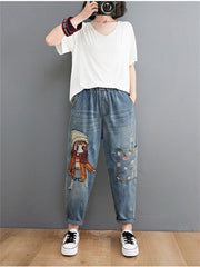 High Waist Cartoon Embroidered Jeans Women Casual Denim Comfortable Everyday Fashion Trousers