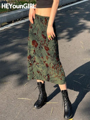 Y2K Floral Print Green Midi Skirt Vintage Green Midi Skirt Grunge Skirt Spring Summer Skirt