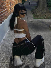 Crop Top Women Backless Hollow Out White Sleeveless Bandage Halter Casual Streetwear Clubwear Summer